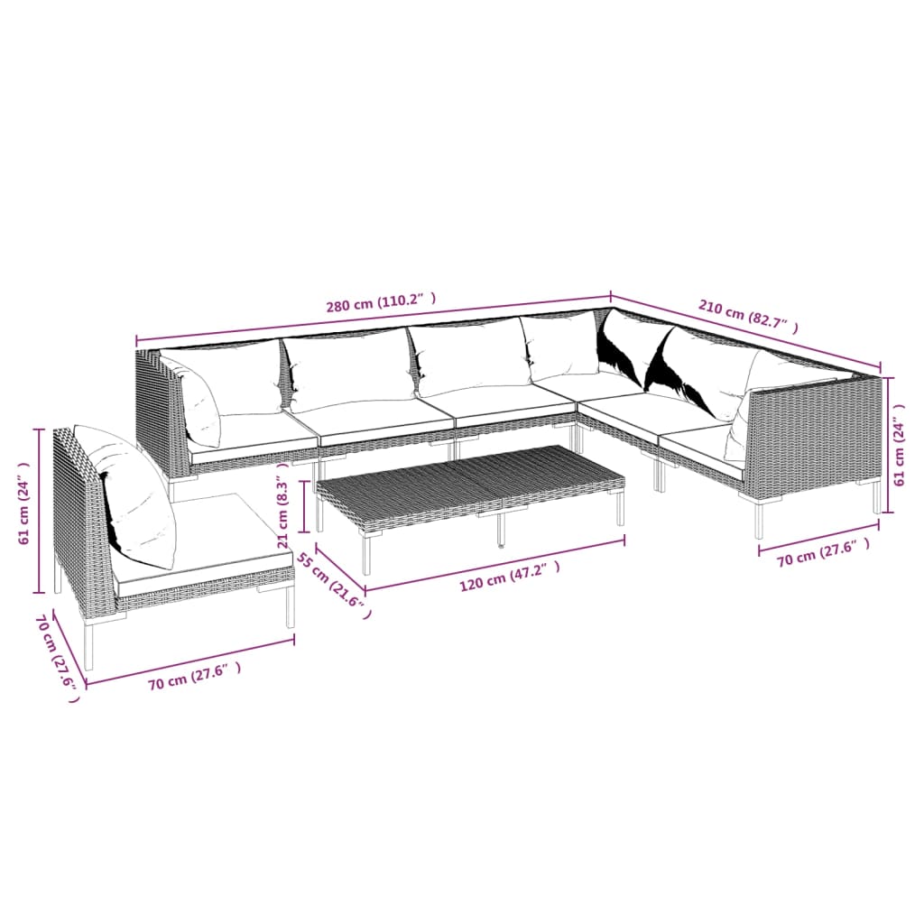 vidaXL 8 Piece Patio Lounge Set with Cushions Poly Rattan Dark Gray