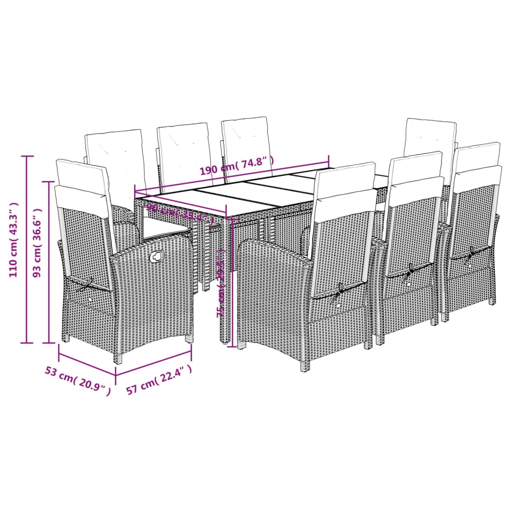 vidaXL 9 Piece Patio Dining Set with Cushions Black Poly Rattan