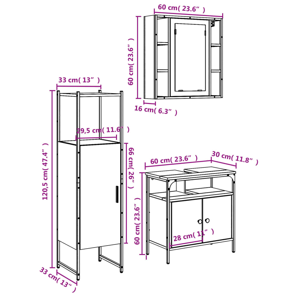 vidaXL 3 Piece Bathroom Cabinet Set Smoked Oak Engineered Wood