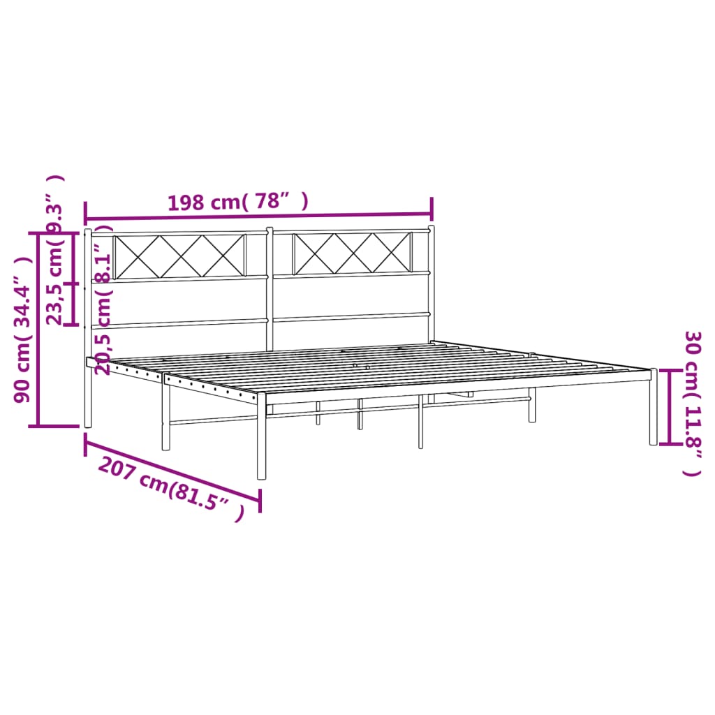 vidaXL Metal Bed Frame without Mattress with Headboard Black 76"x79.9"