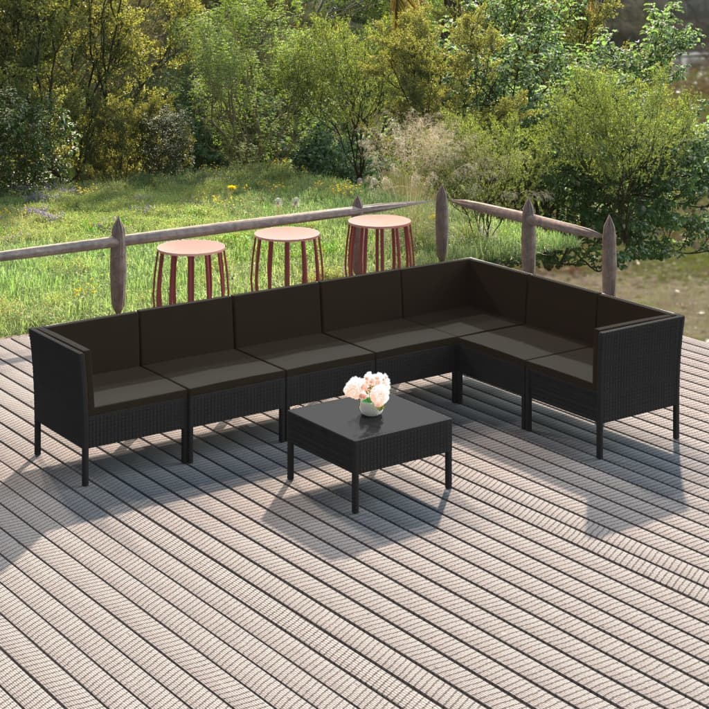 vidaXL 8 Piece Patio Lounge Set with Cushions Poly Rattan Black