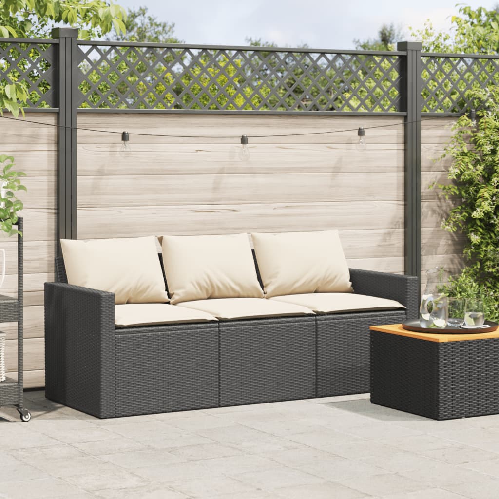 vidaXL Patio Sofa with Cushions 3-Seater Black Poly Rattan