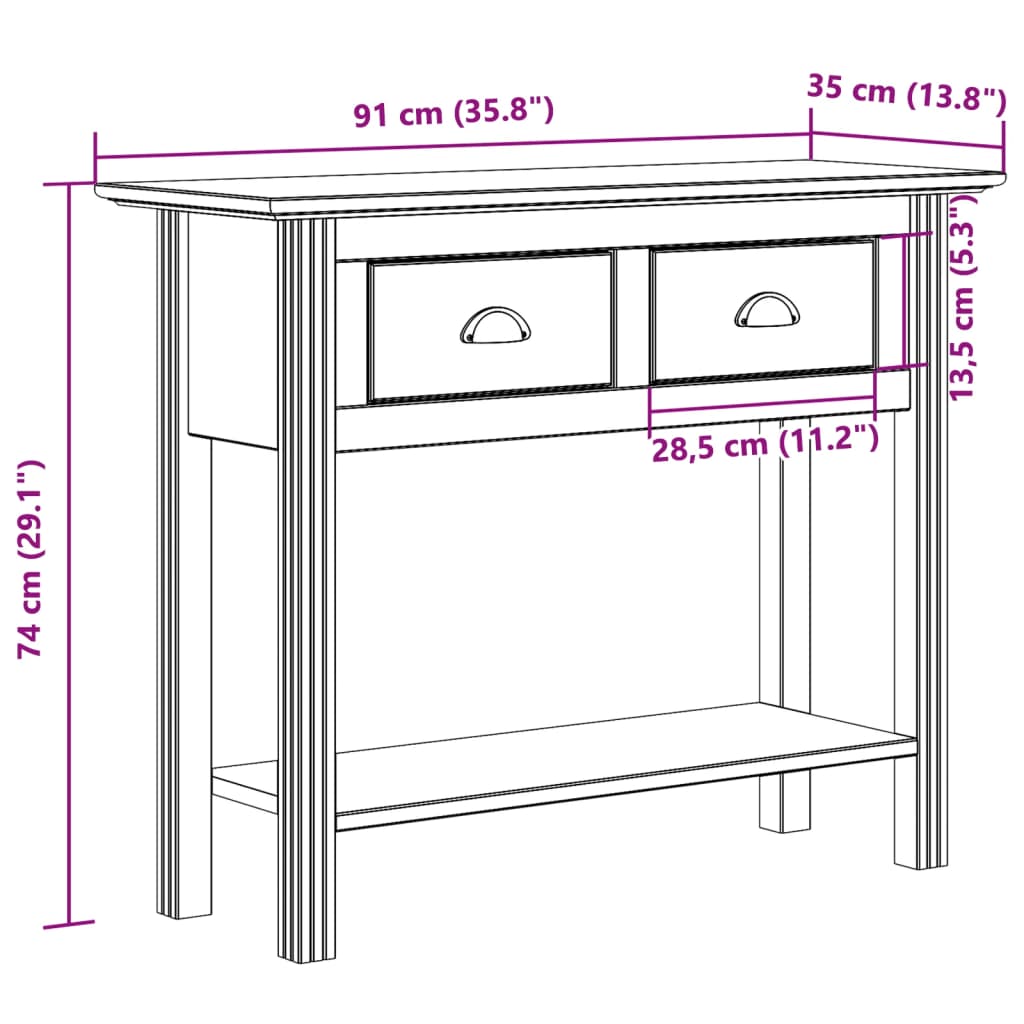 vidaXL Console Table BODO Brown 35.8"x13.8"x29.1" Solid Wood Pine