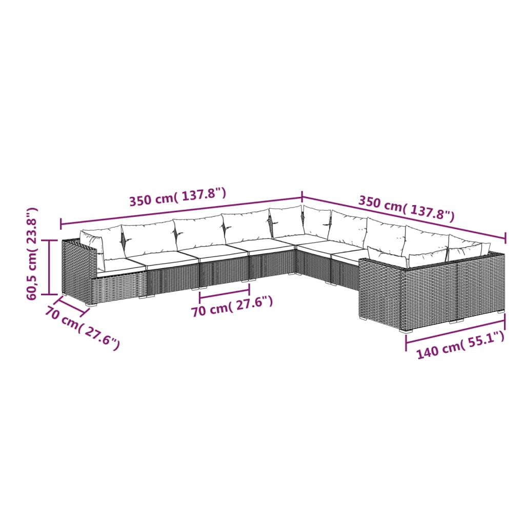 vidaXL 10 Piece Patio Lounge Set with Cushions Poly Rattan Gray