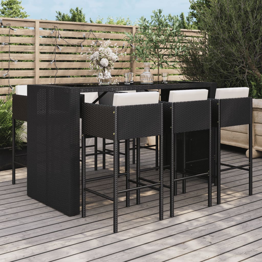 vidaXL 7 Piece Patio Bar Set with Cushions Black Poly Rattan