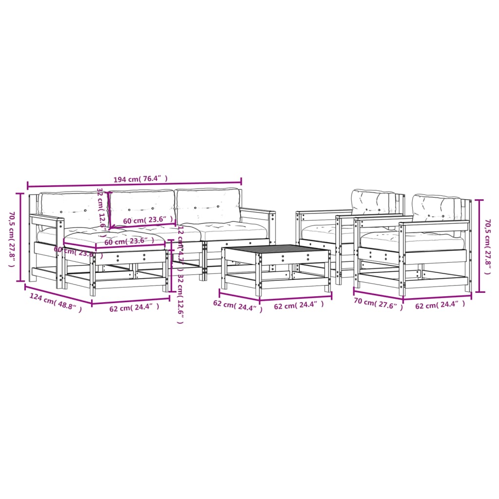 vidaXL 7 Piece Patio Lounge Set with Cushions Solid Wood