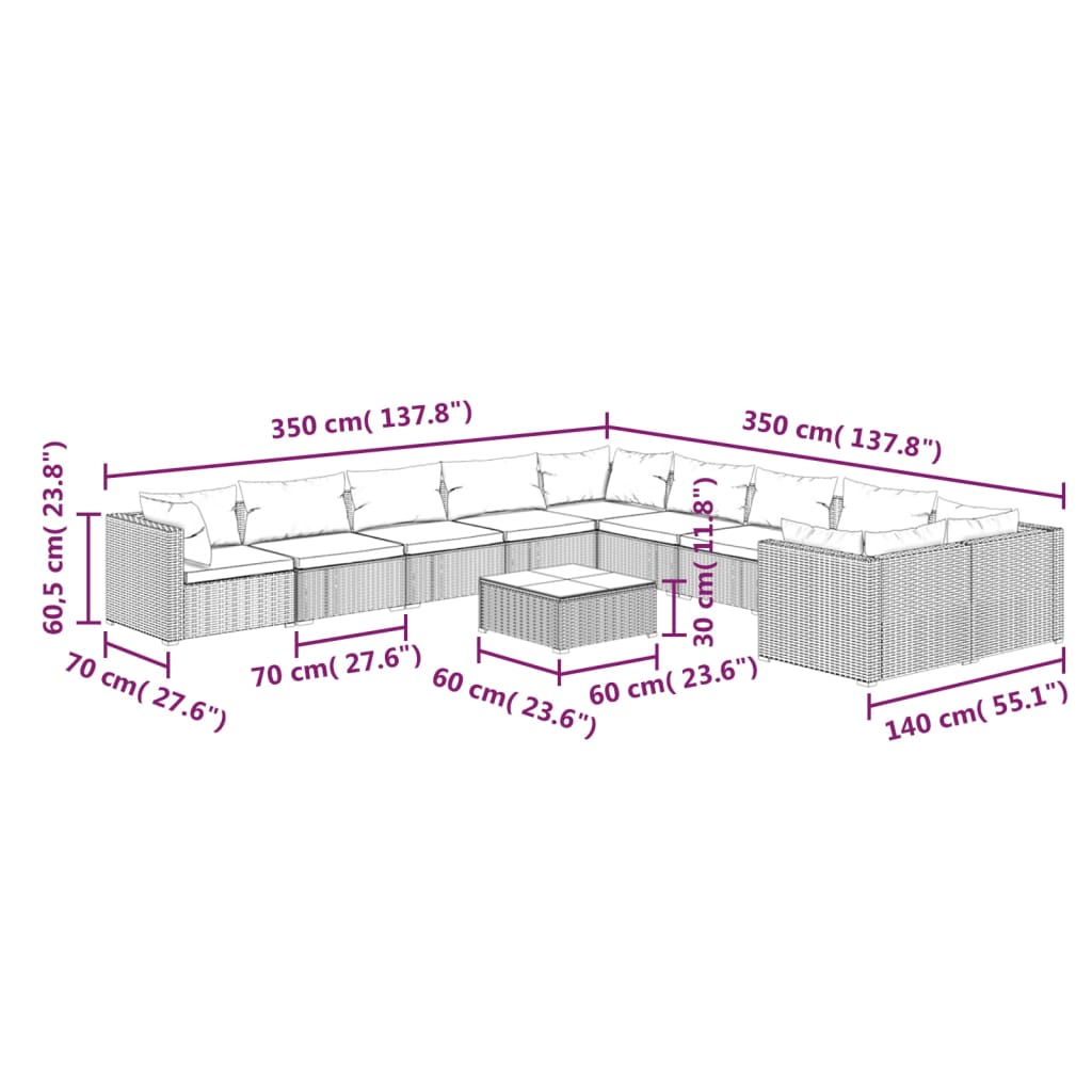 vidaXL 11 Piece Patio Lounge Set with Cushions Poly Rattan Black