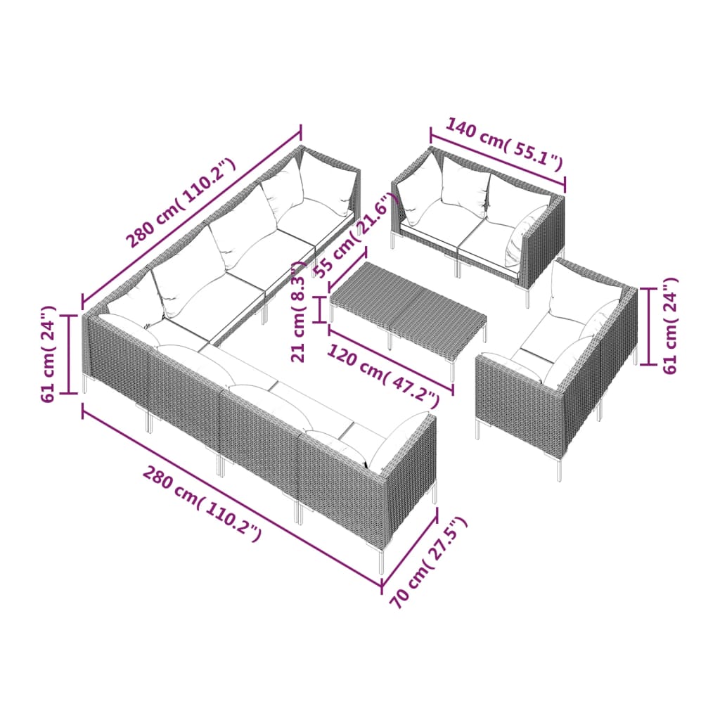 vidaXL 12 Piece Patio Lounge Set with Cushions Poly Rattan Dark Gray