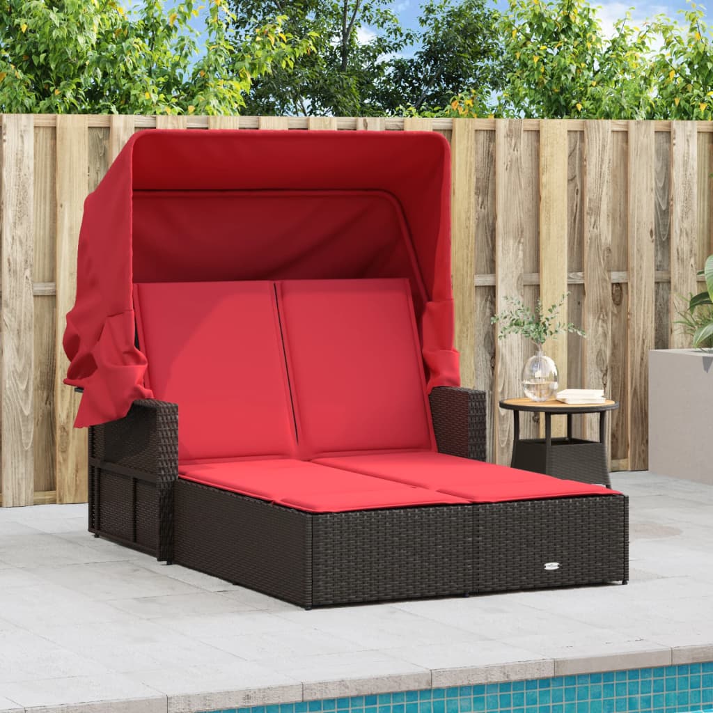 vidaXL Double Sun Lounger with Canopy and Cushions Brown Poly Rattan