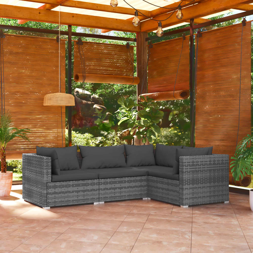 vidaXL 4 Piece Patio Lounge Set with Cushions Poly Rattan Gray