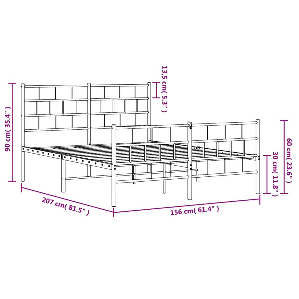 vidaXL Metal Bed Frame without Mattress with Footboard White 59.1"x78.7"