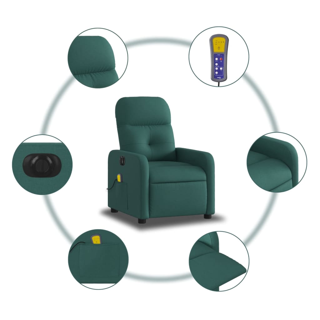 vidaXL Electric Massage Recliner Chair Dark Green Fabric