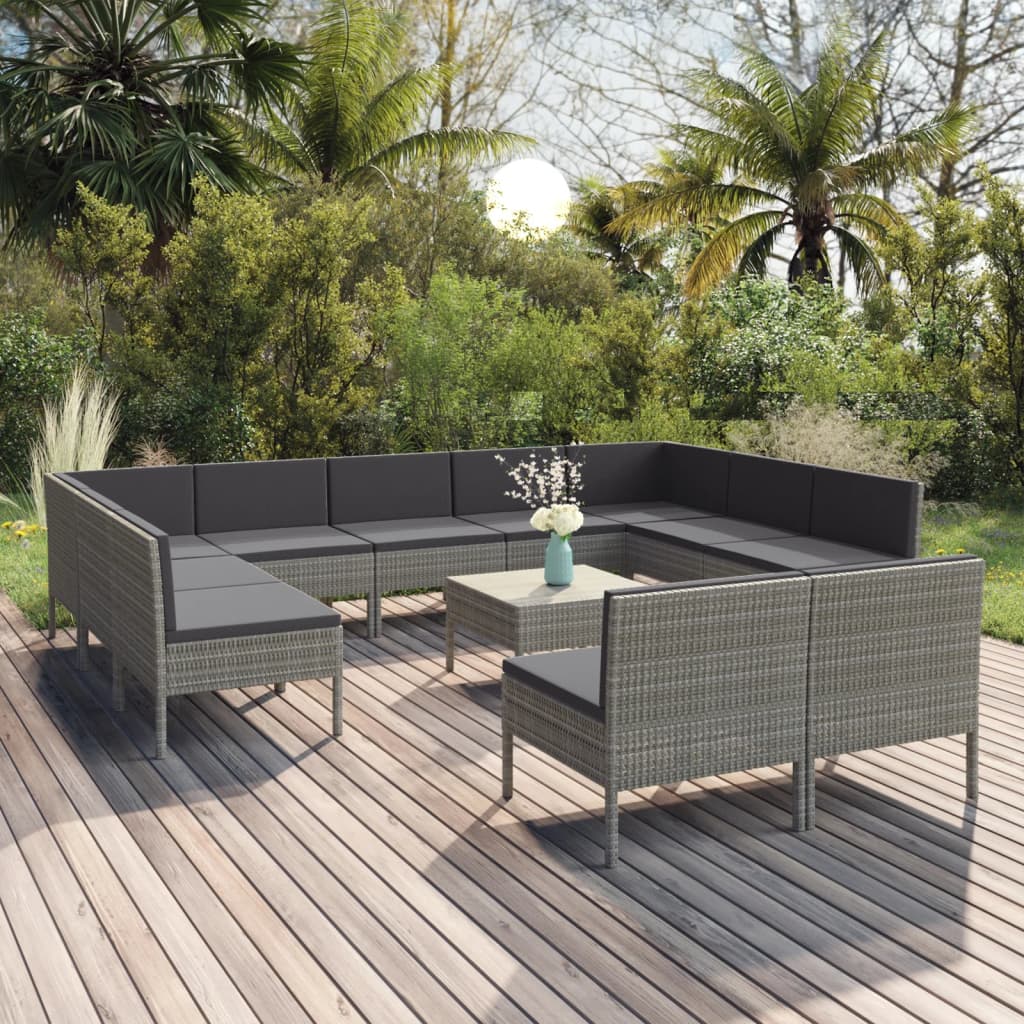 vidaXL 12 Piece Patio Lounge Set with Cushions Poly Rattan Gray