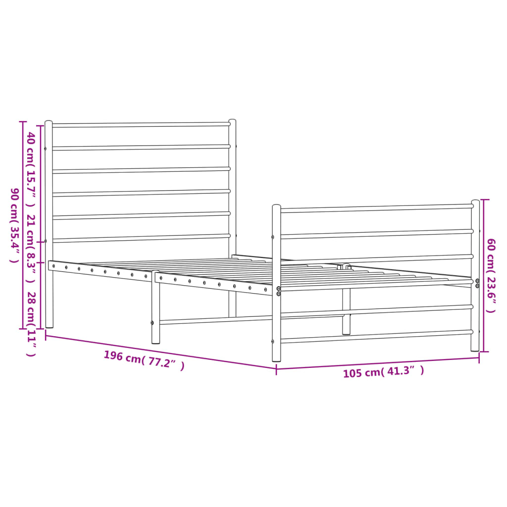 vidaXL Metal Bed Frame without Mattress with Footboard White 39.4"x74.8"