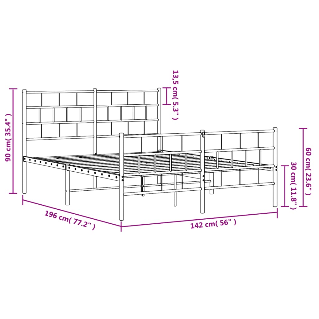 vidaXL Metal Bed Frame without Mattress with Footboard White 53.1"x74.8"