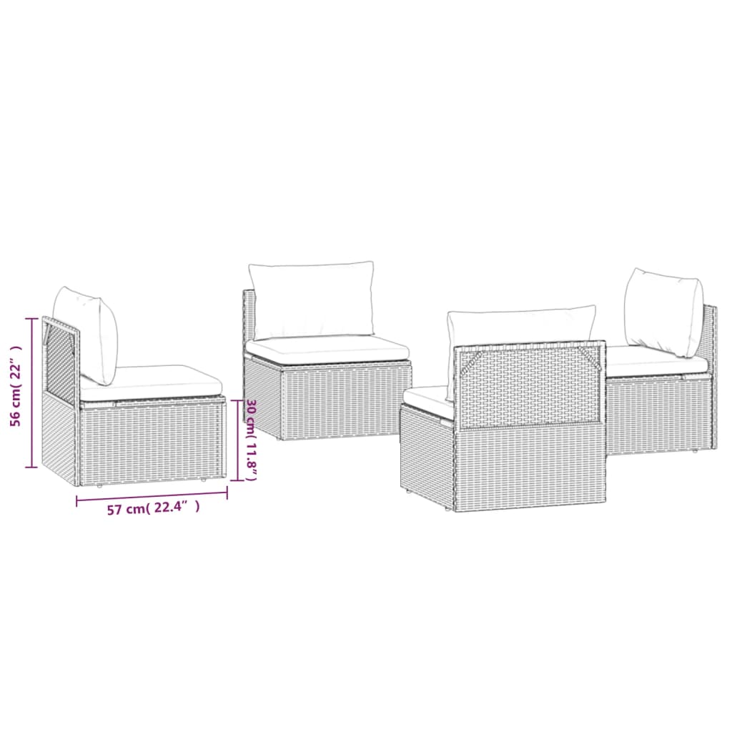 vidaXL Patio Middle Sofas 4 pcs Gray 22.4"x22.4"x22" Poly Rattan