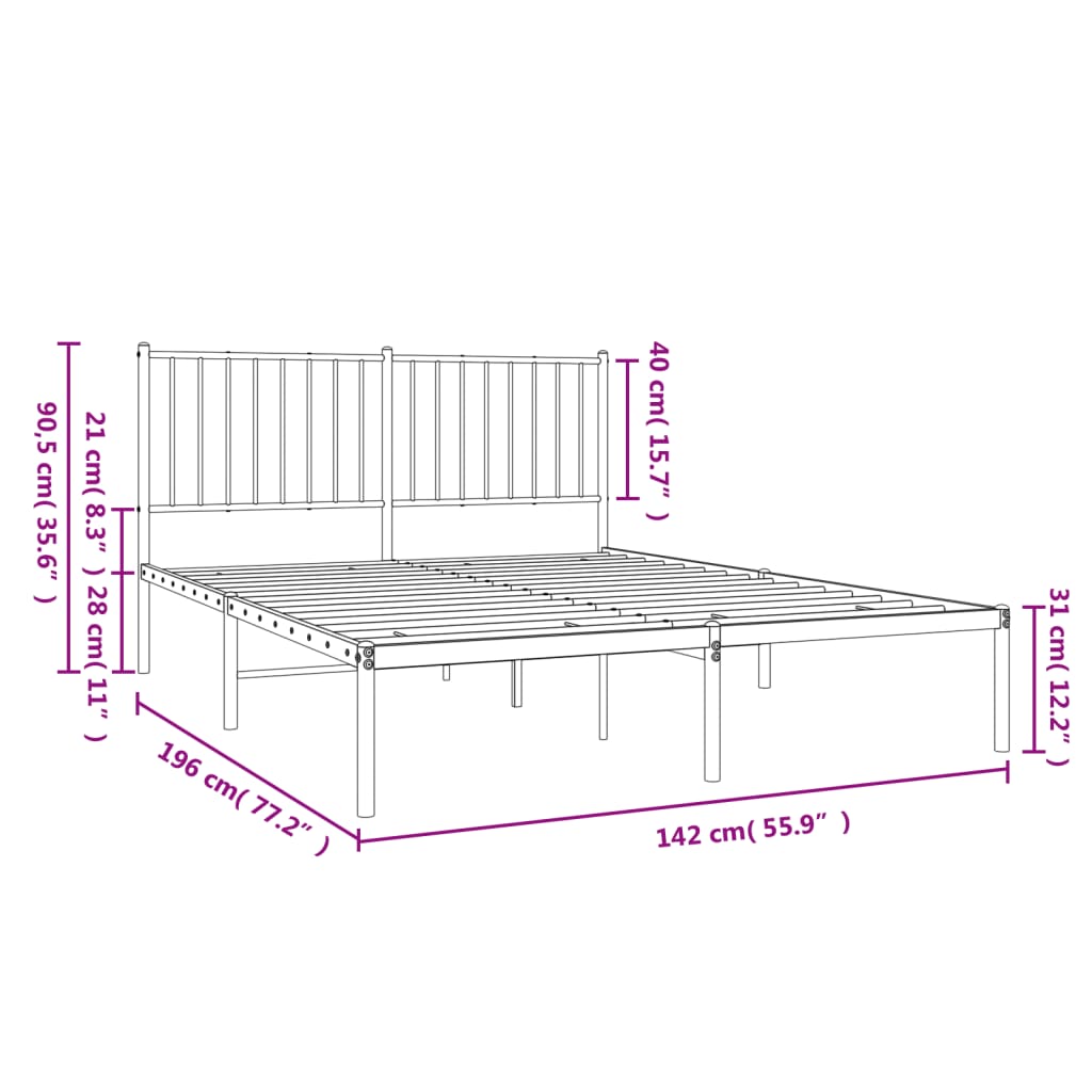 vidaXL Metal Bed Frame without Mattress with Headboard White 53.1"x74.8"