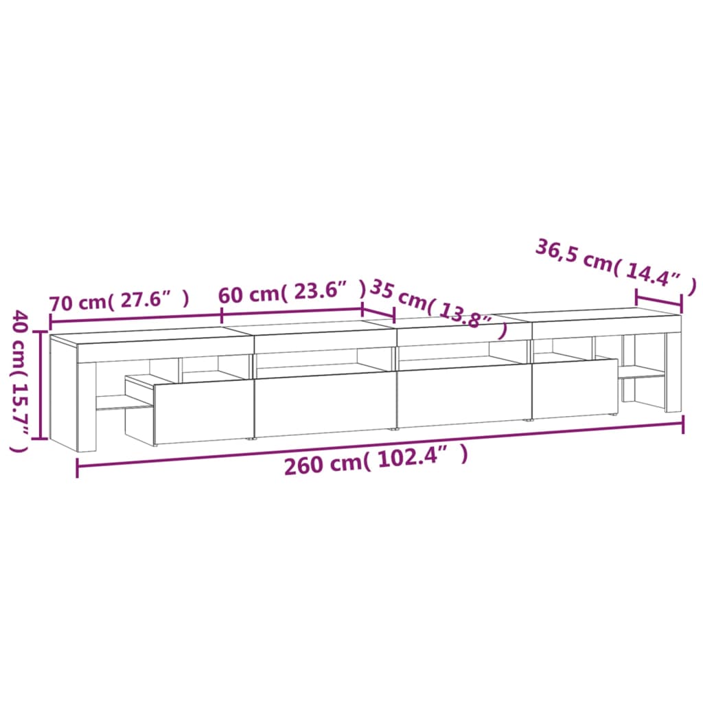 vidaXL TV Stand with LED Lights Black 102.4"x14.4"x15.7"