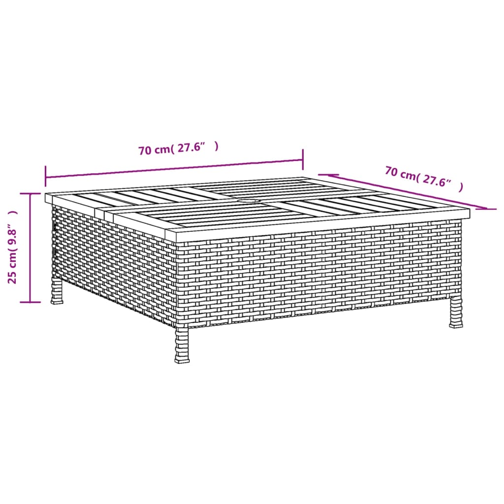 vidaXL Patio Table Black 27.6"x27.6"x9.8" Rattan and Acacia Wood