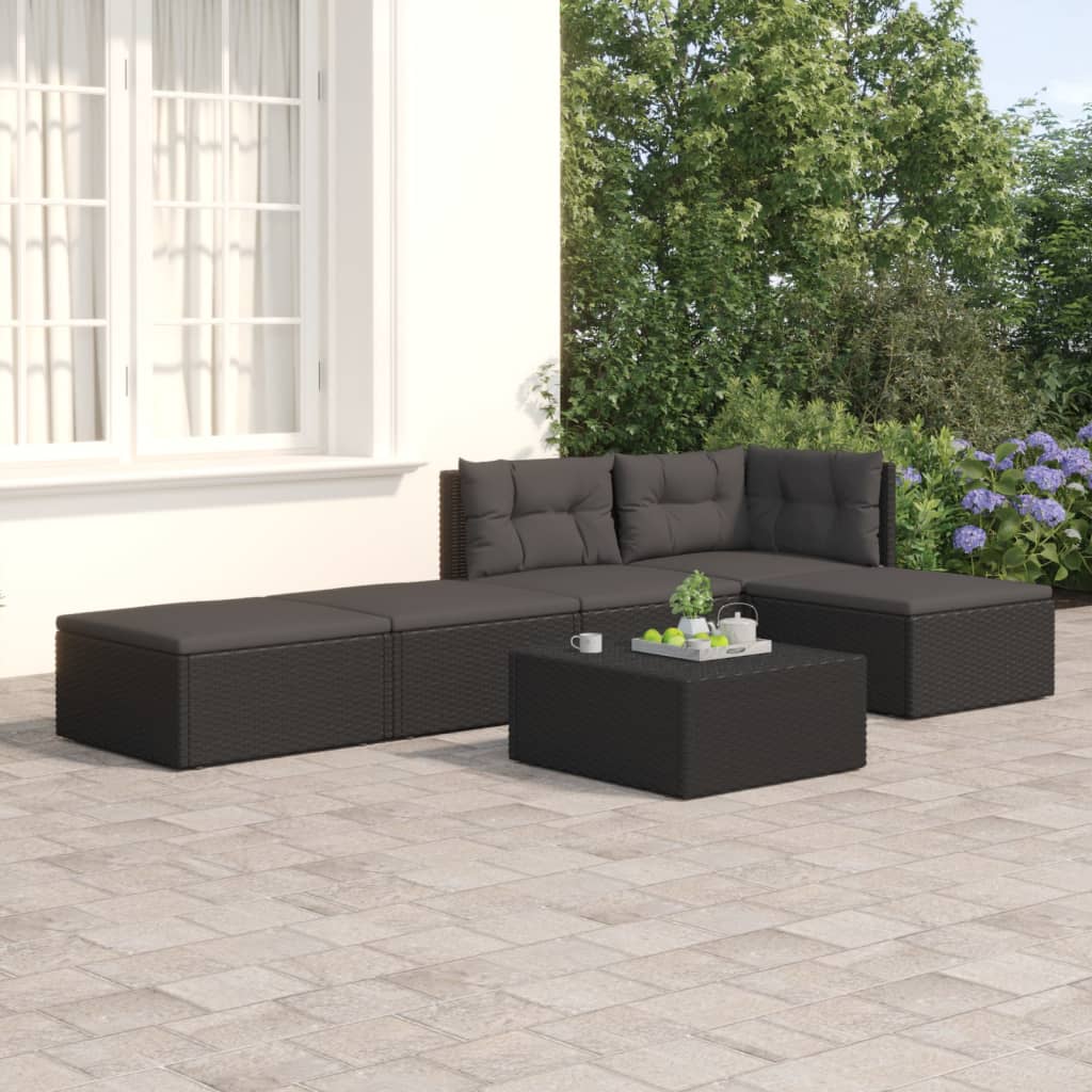 vidaXL 5 Piece Patio Lounge Set with Cushions Black Poly Rattan