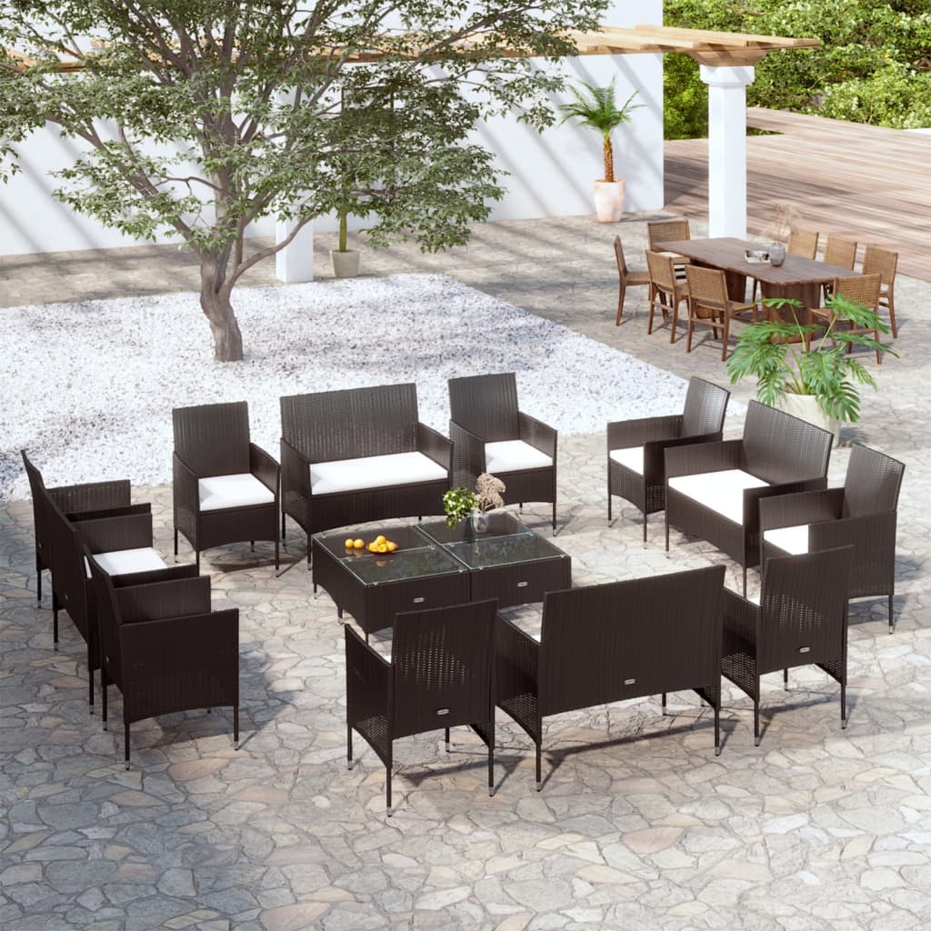 vidaXL 16 Piece Patio Lounge Set with Cushions Poly Rattan Black