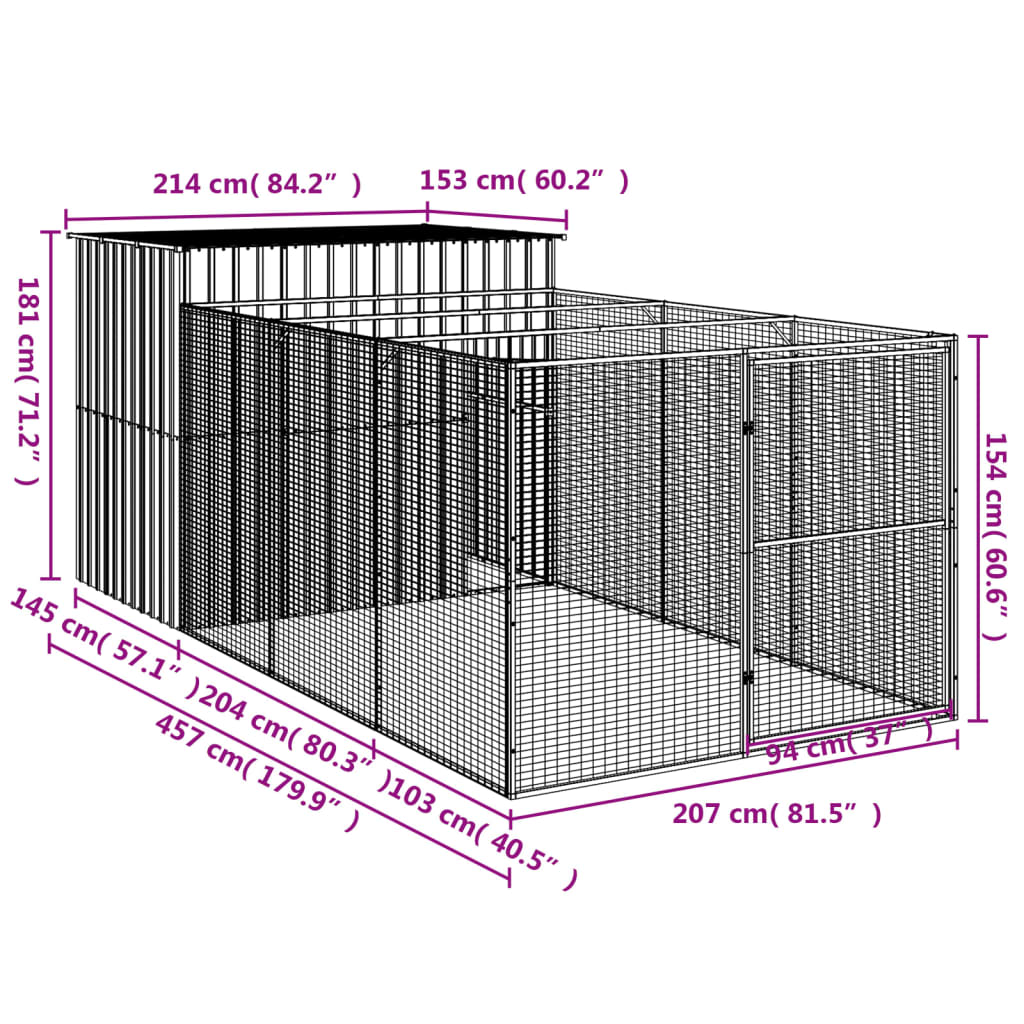 vidaXL Dog House with Run Light Gray 84.3"x179.9"x71.3" Galvanized Steel