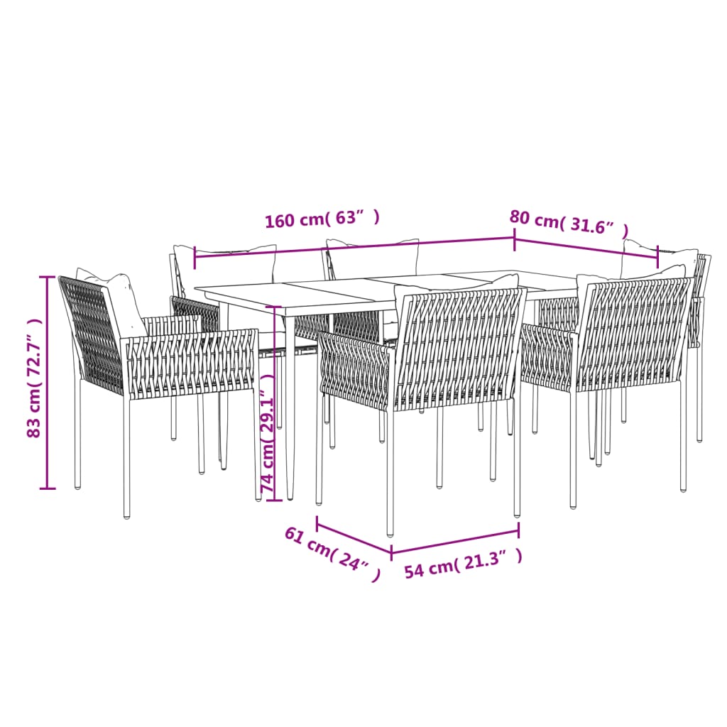 vidaXL 7 Piece Patio Dining Set with Cushions Poly Rattan and Steel