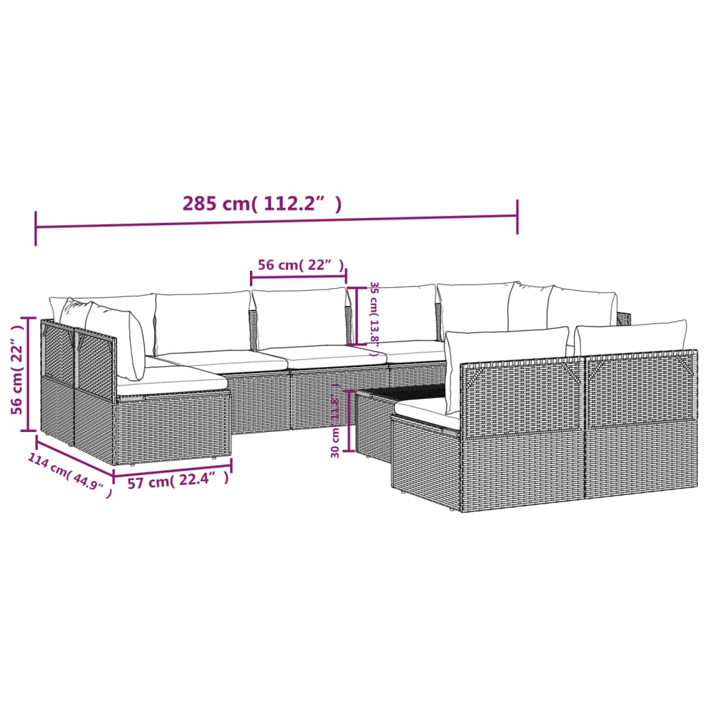 vidaXL 10 Piece Patio Lounge Set with Cushions Gray Poly Rattan