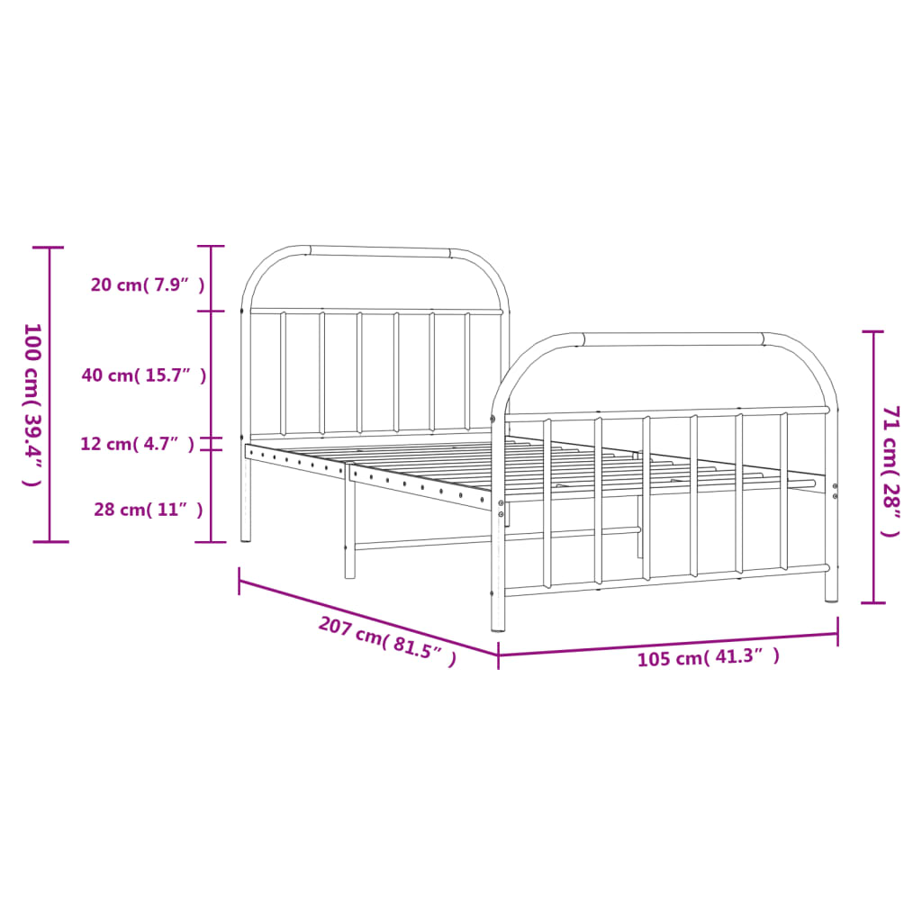 vidaXL Metal Bed Frame without Mattress with Footboard White 39.4"x78.7"