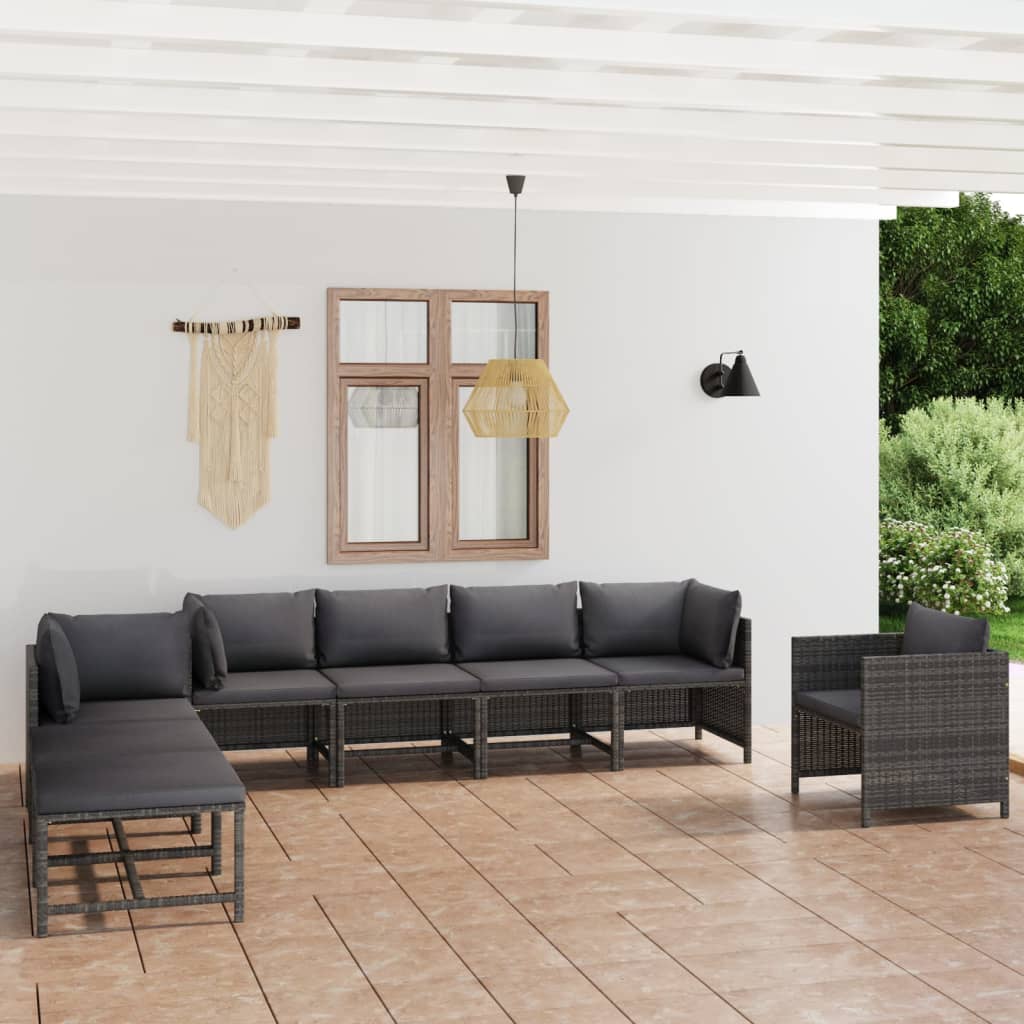 vidaXL 8 Piece Patio Lounge Set with Cushions Poly Rattan Gray