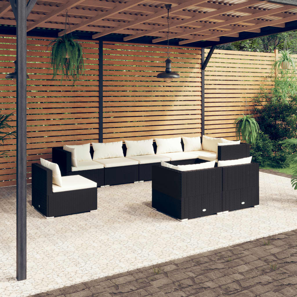 vidaXL 9 Piece Patio Lounge Set with Cushions Poly Rattan Black