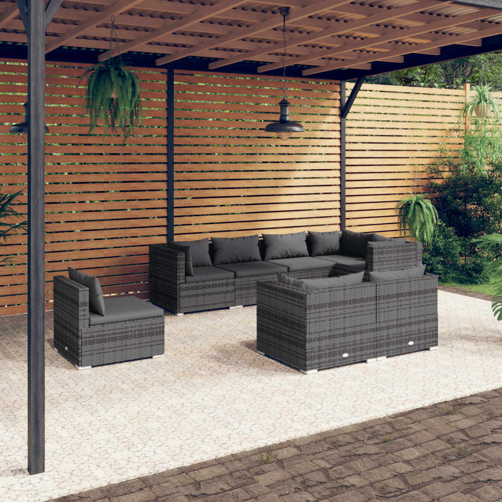 vidaXL 8 Piece Patio Lounge Set with Cushions Poly Rattan Gray