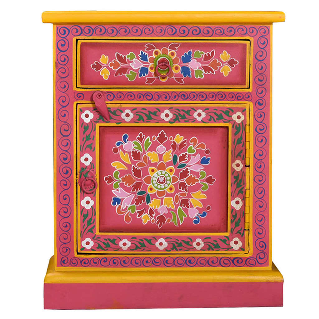 vidaXL Bedside Cabinet Solid Mango Wood Pink Hand Painted