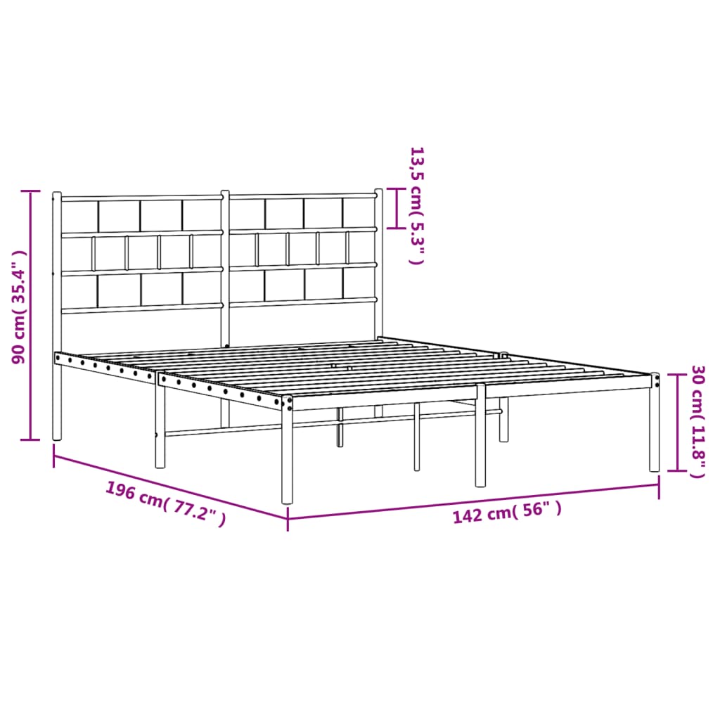 vidaXL Metal Bed Frame without Mattress with Headboard White 53.1"x74.8"