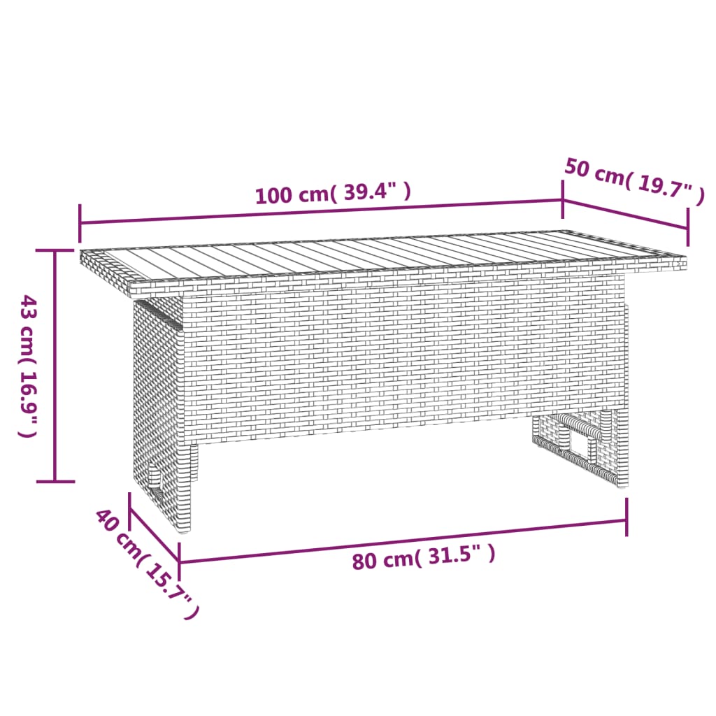 vidaXL Patio Table Black 39.4"x19.7"x16.9"/24.8" Solid Wood Acacia&Poly Rattan