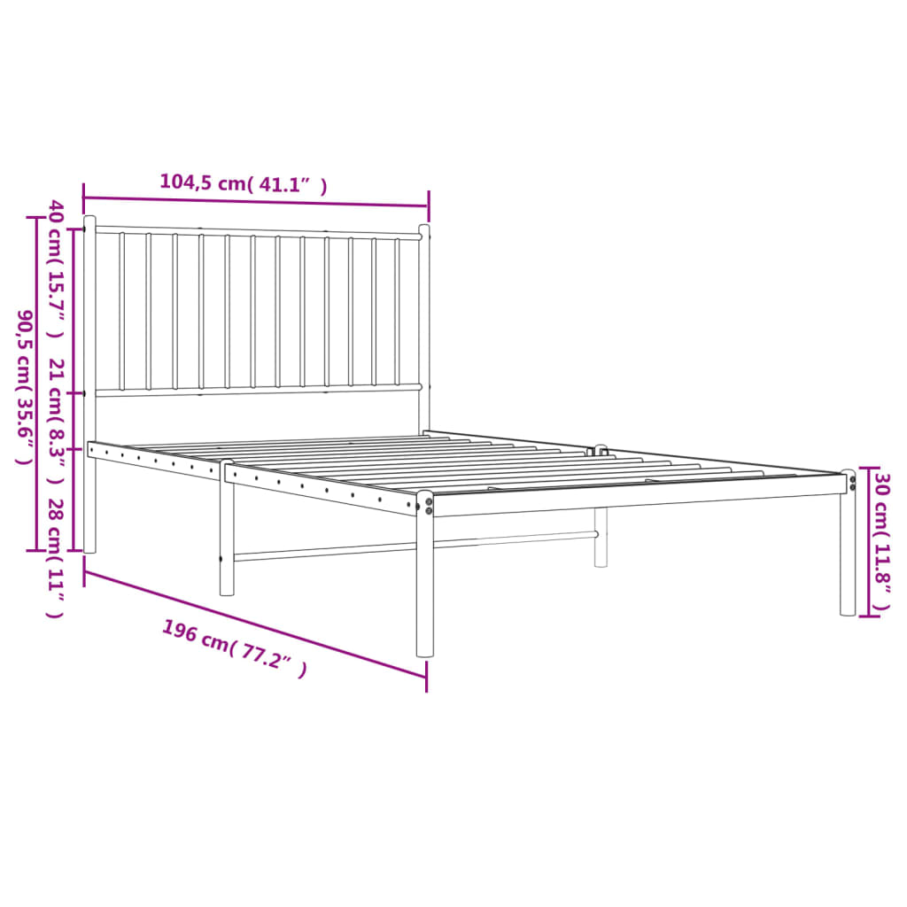 vidaXL Metal Bed Frame without Mattress with Headboard Black 39.4"x74.8"