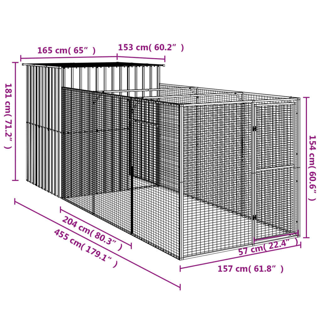 vidaXL Dog House with Run Light Gray 65"x179.1"x71.3" Galvanized Steel