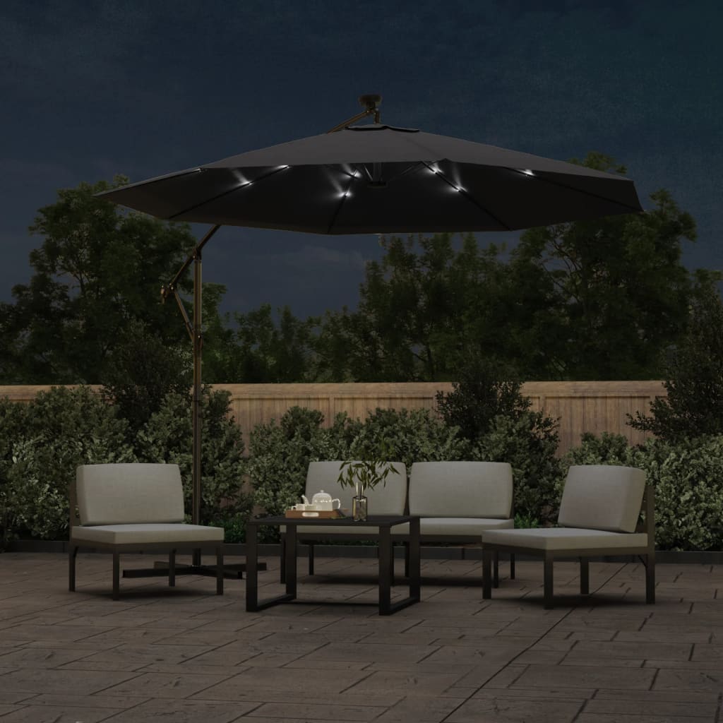 vidaXL Cantilever Garden Parasol with LED Lights and Steel Pole 118.1" Black