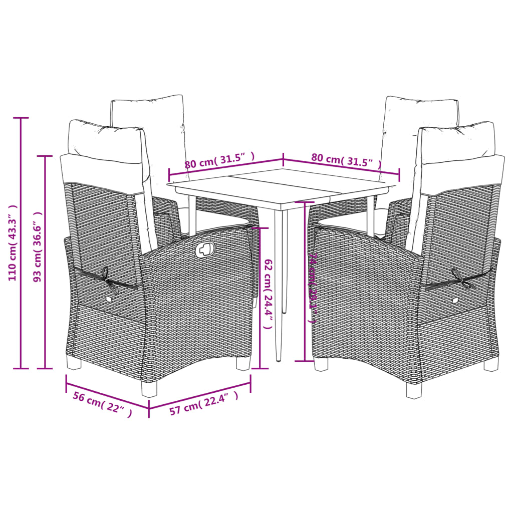 vidaXL 5 Piece Patio Dining Set with Cushions Brown Poly Rattan