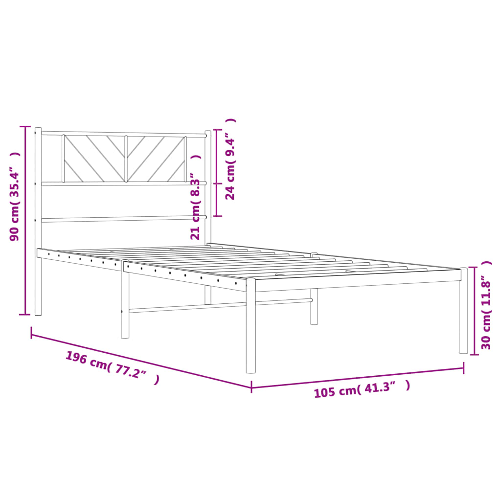 vidaXL Metal Bed Frame without Mattress with Headboard White 39.4"x74.8"