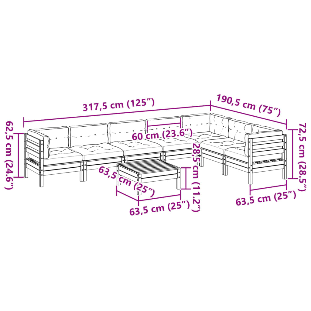 vidaXL 8 Piece Patio Sofa Set with Cushions Wax Brown Solid Wood Pine