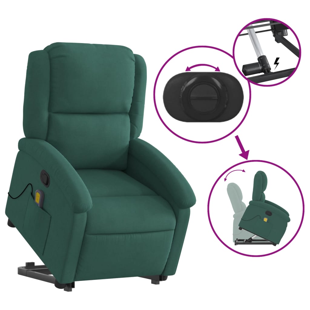 vidaXL Stand up Massage Recliner Chair Dark Green Velvet