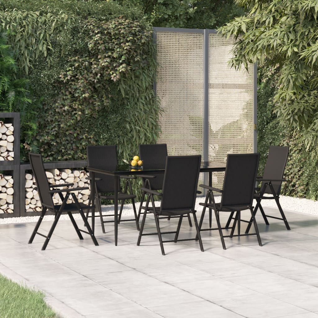 vidaXL 7 Piece Patio Dining Set Black Poly Rattan