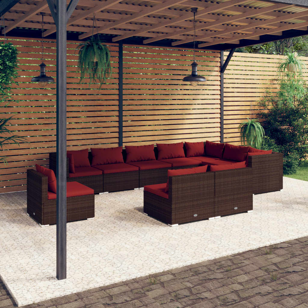 vidaXL 10 Piece Patio Lounge Set with Cushions Poly Rattan Brown