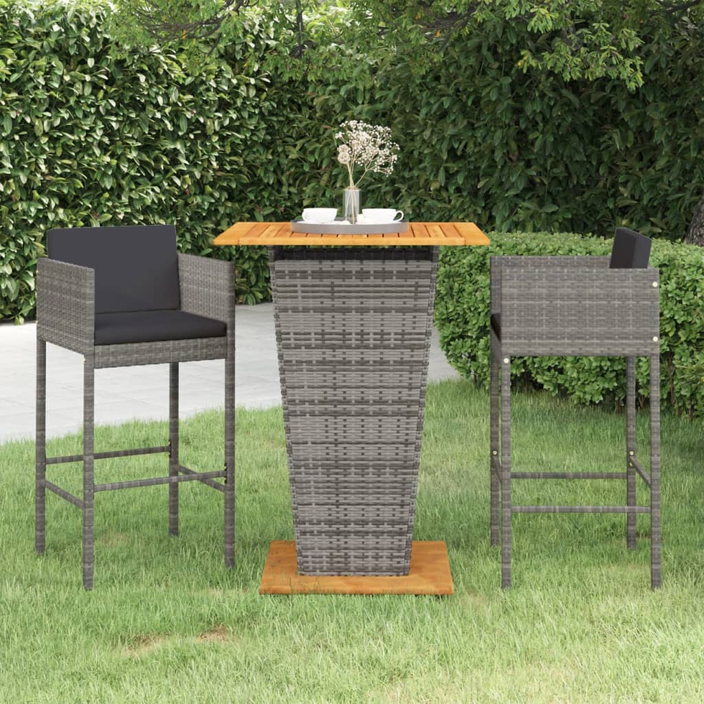 vidaXL 3 Piece Patio Bar Set with Cushions Poly Rattan Gray