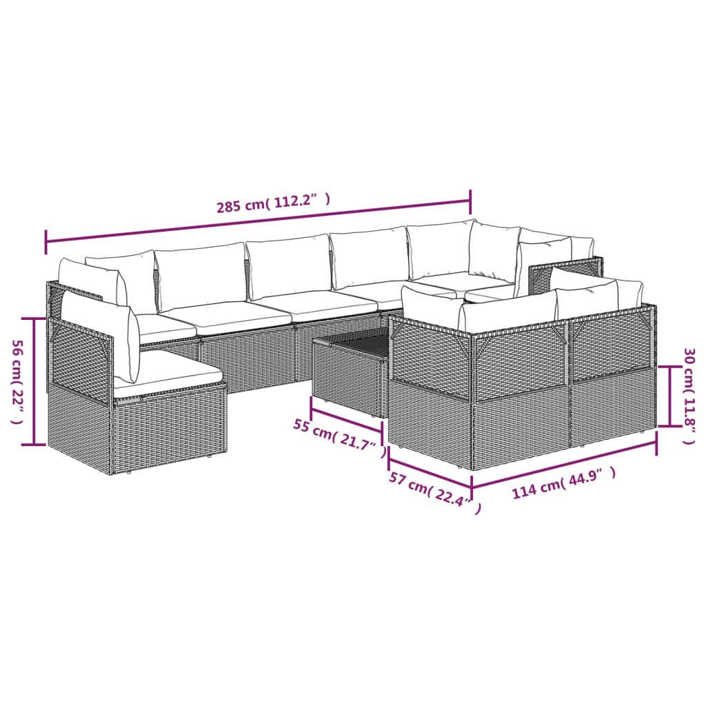 vidaXL 10 Piece Patio Lounge Set with Cushions Gray Poly Rattan