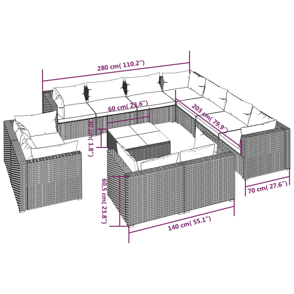 vidaXL 12 Piece Patio Lounge Set with Cushions Brown Poly Rattan