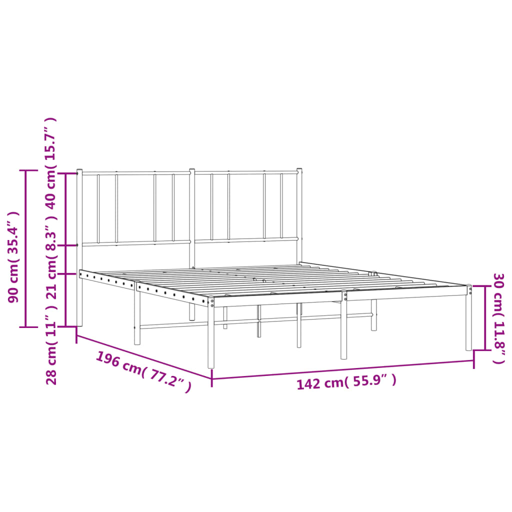 vidaXL Metal Bed Frame without Mattress with Headboard White 53.1"x74.8"