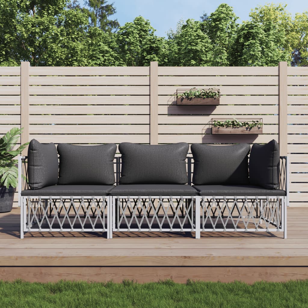 vidaXL 3 Piece Patio Lounge Set with Cushions White Steel