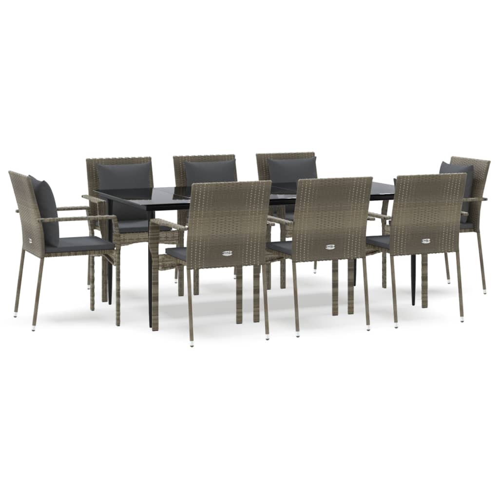 vidaXL 9 Piece Patio Dining Set with Cushions Black and Gray Poly Rattan